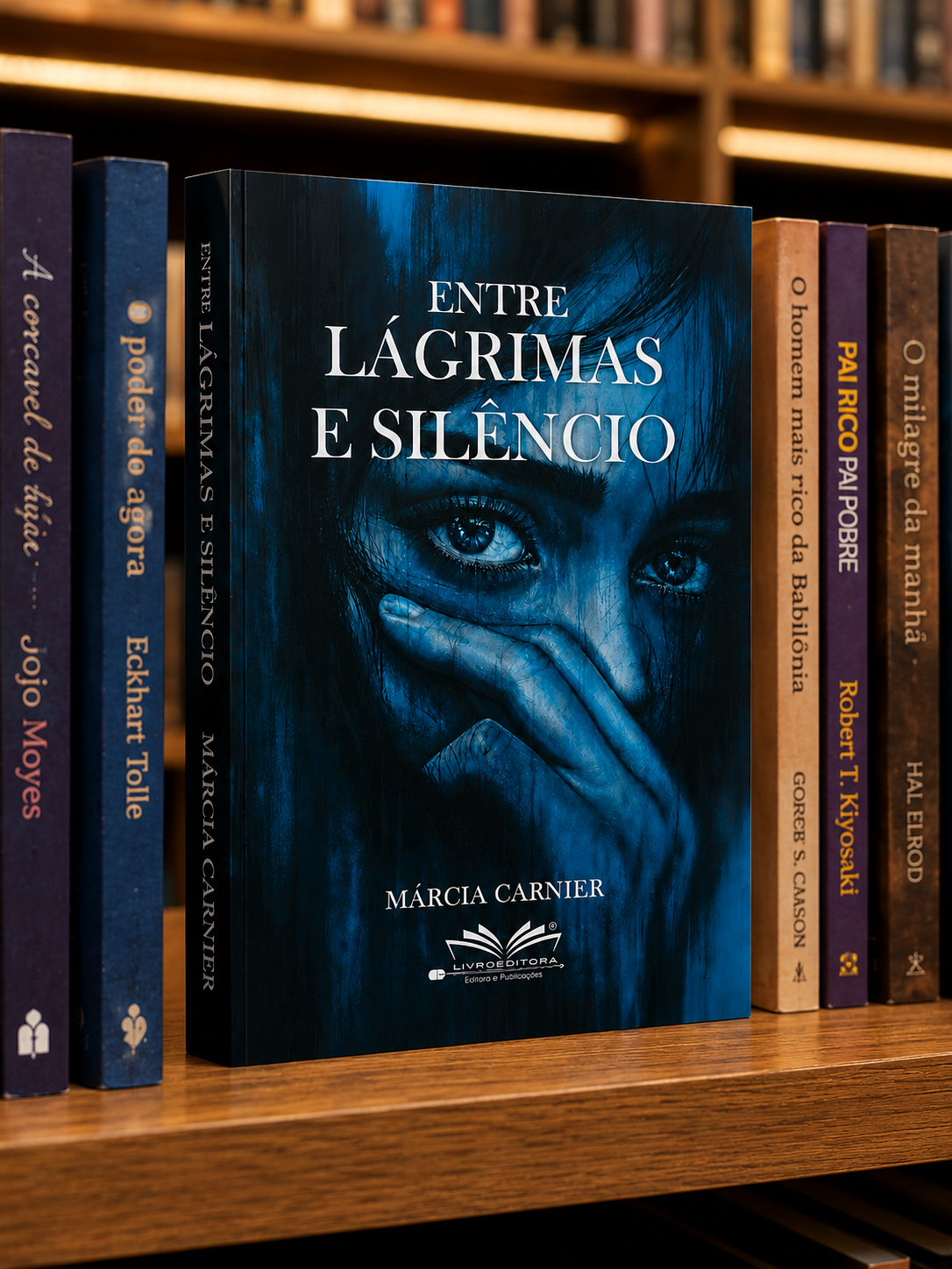 Livro Entre Lágrimas e Silêncio de Márcia Carnier em uma estante de livros