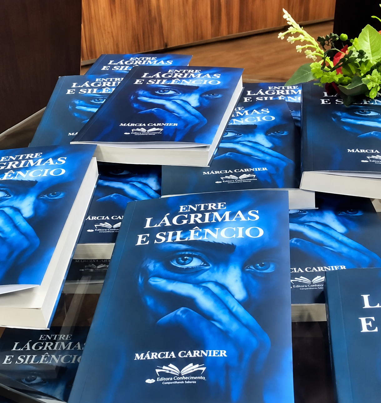 Exemplares do livro Entre Lágrimas e Silêncio sobre uma mesa
