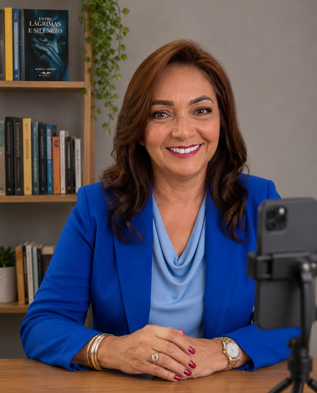 Márcia Carnier segurando seu livro Entre Lágrimas e Silêncio em uma palestra